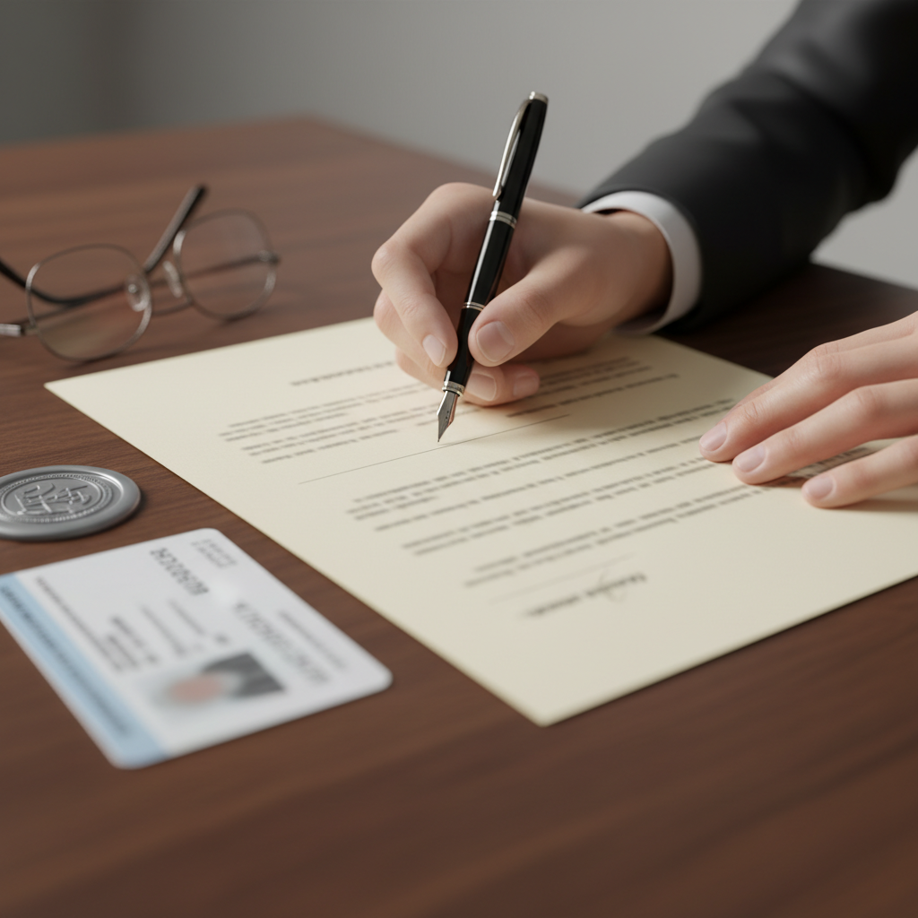 close-up signing a power of attorney document in Toronto with notary seal and ID, property and personal care forms