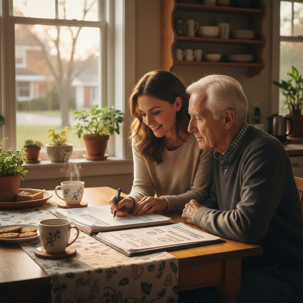 family reviewing power of attorney personal care and property documents at home in Toronto, supportive setting