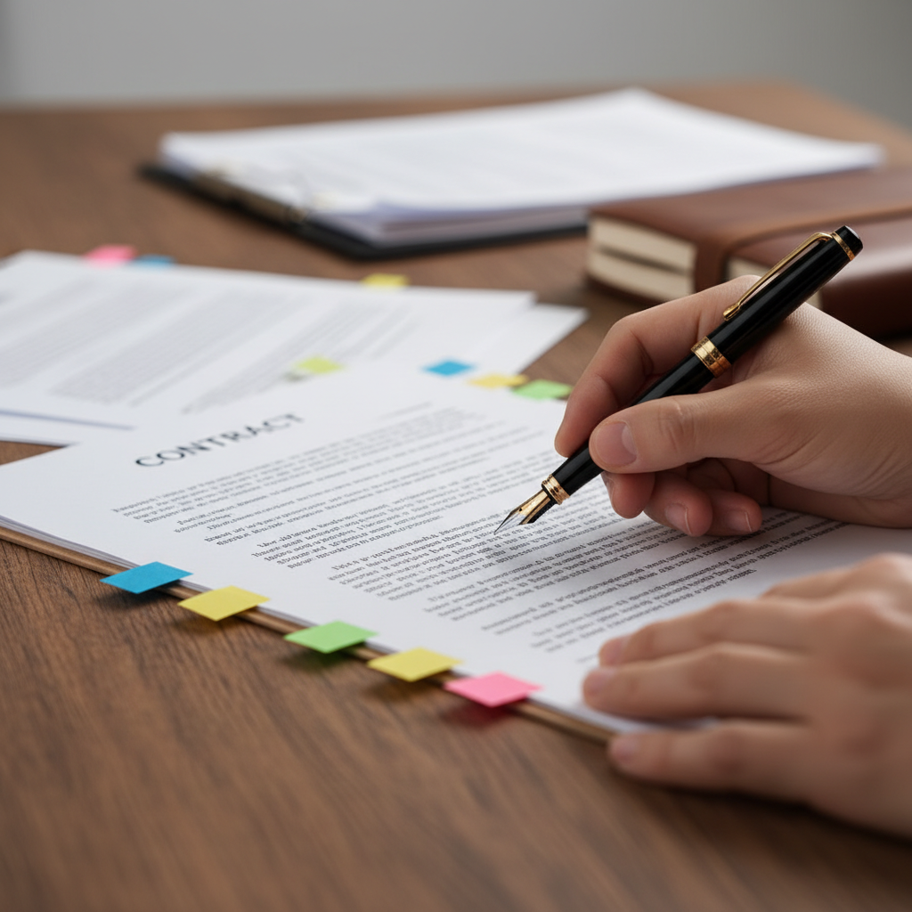 Close-up of contract redlining showing tabs and pen – contract drafting best practices for Toronto agreements