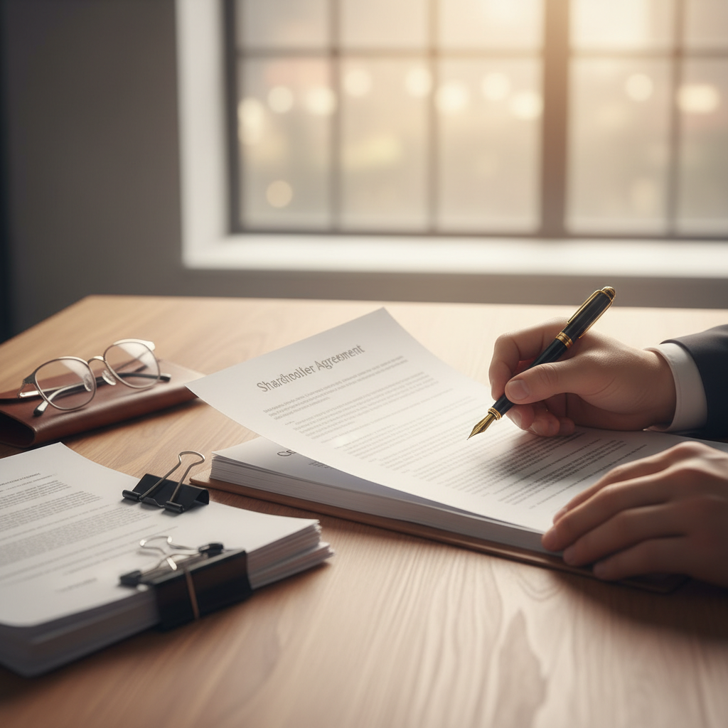 Close-up of hands signing a shareholder agreement, illustrating template customization steps in a shareholder agreement template guide