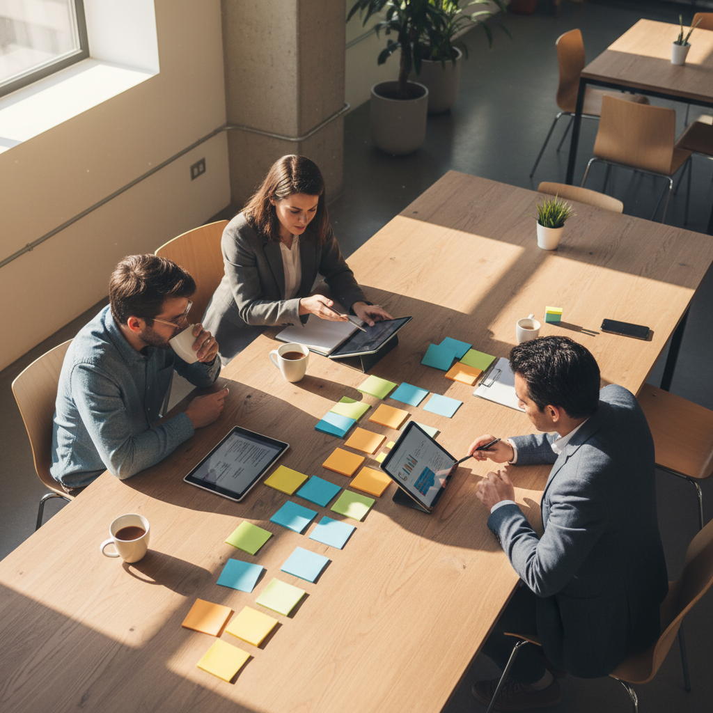Top-down view of a startup team and lawyer collaborating on a shareholder agreement template guide with notes and tablets