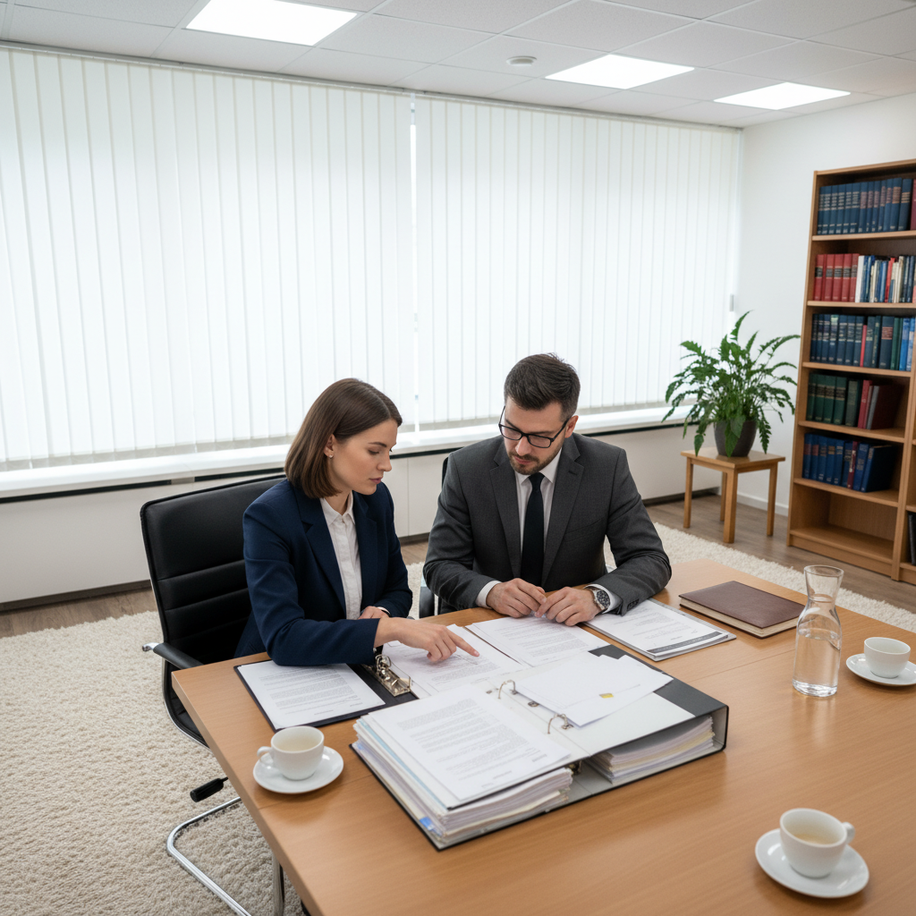 A different angle showing a client and lawyer in a consultation room discussing over legal documents, calm and professional atmosphere, indoor lighting