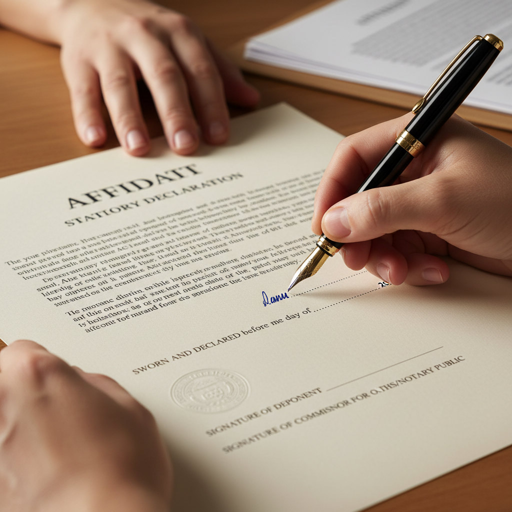 A close-up of a legal document being signed, showing the intricate details of an affidavit or statutory declaration, hands holding a pen, focused lighting