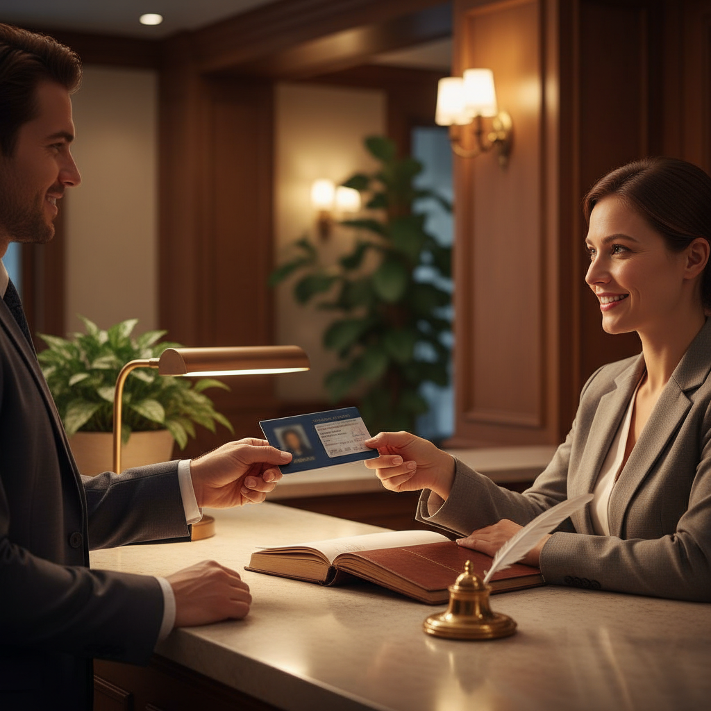 Client presenting passport and driver’s license to a notary, showing ID requirements for certified true copies in Toronto