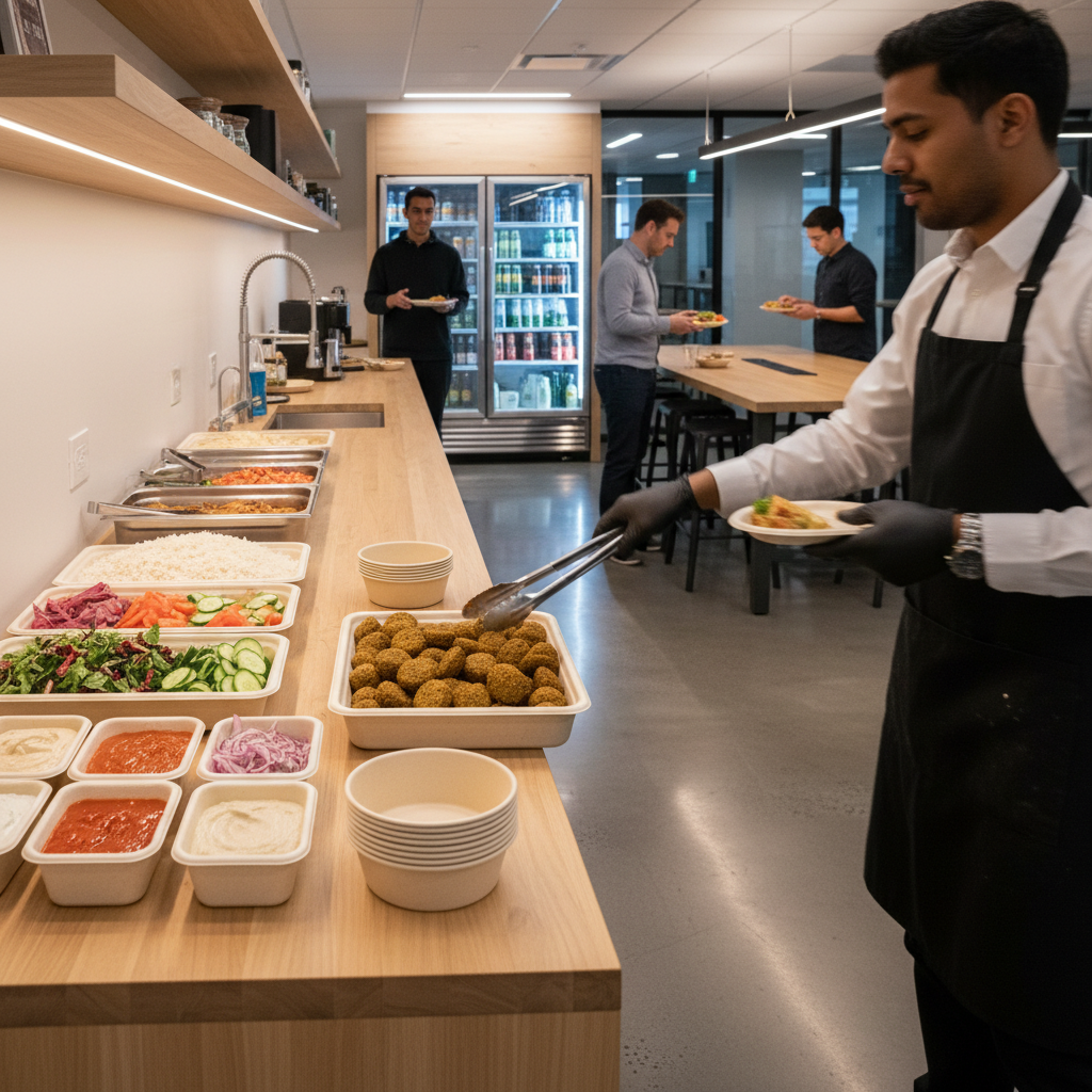 side-angle of office catering setup in Toronto with build-your-own shawarma bowls, salads, and sauces in eco-friendly trays