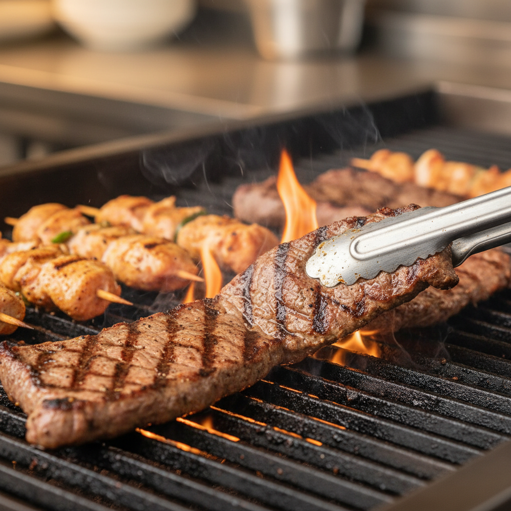 Close-up of sizzling grilled chicken and steak at a Mexican grill restaurant for La Rio's Mexican Grill