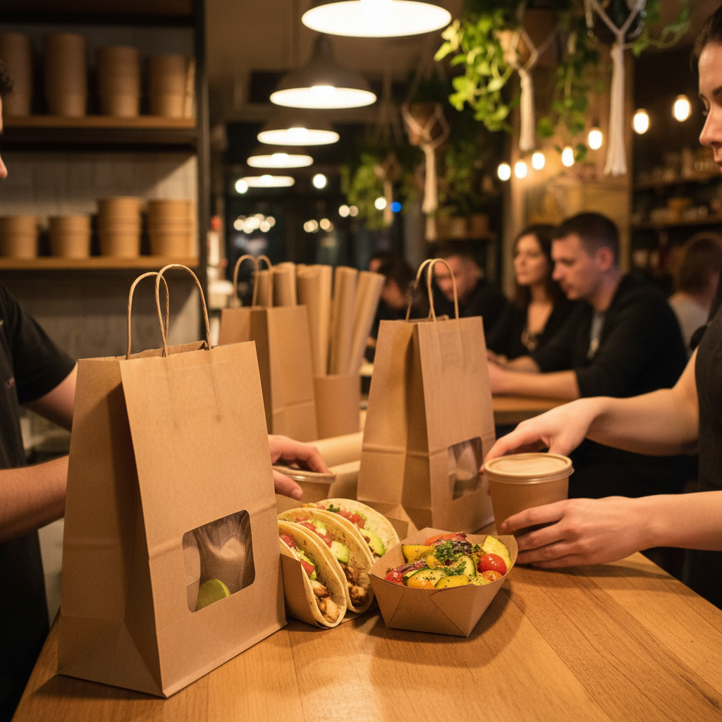 Takeout being packed with tacos and grilled vegetables at a Mexican restaurant counter for La Rio's Mexican Grill