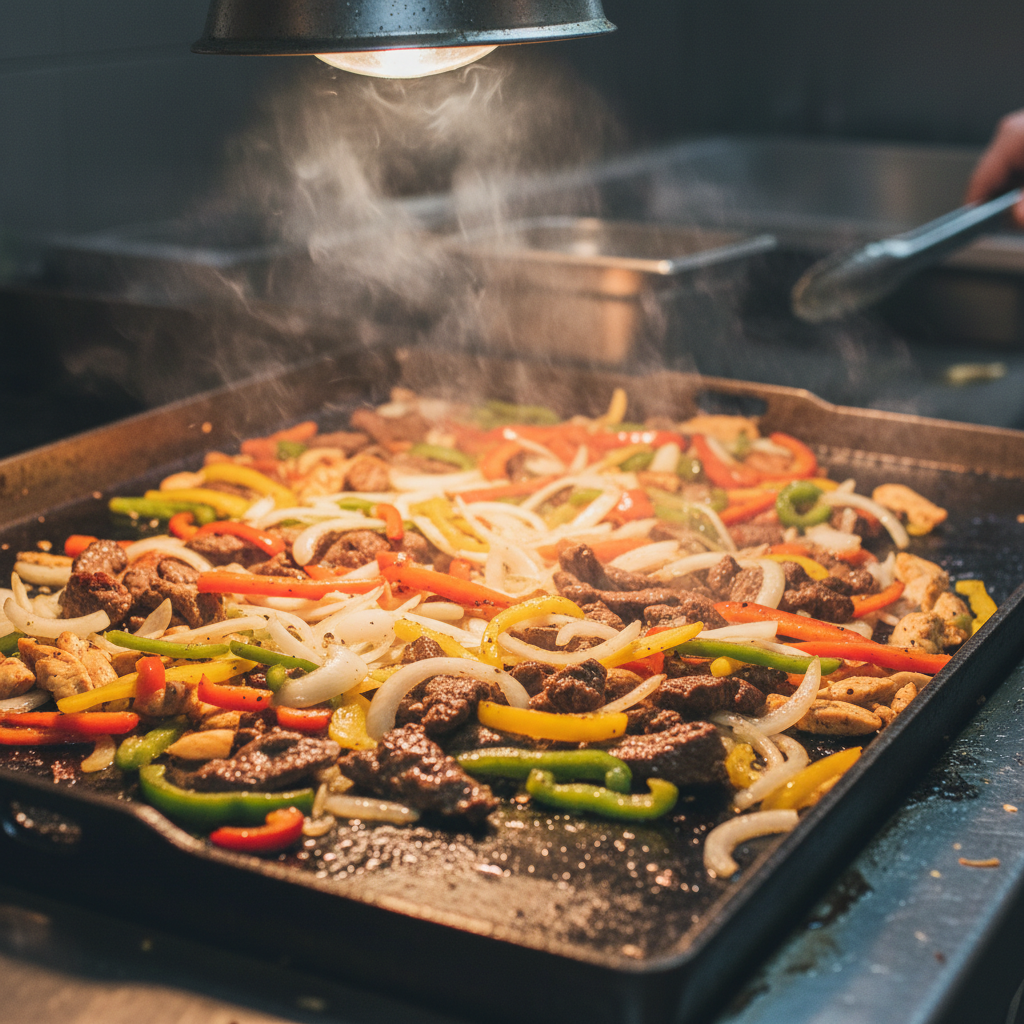 photorealistic close-up of a sizzling Mexican grill with fresh ingredients like peppers, onions, and marinated meats, detailed view, professional kitchen lighting
