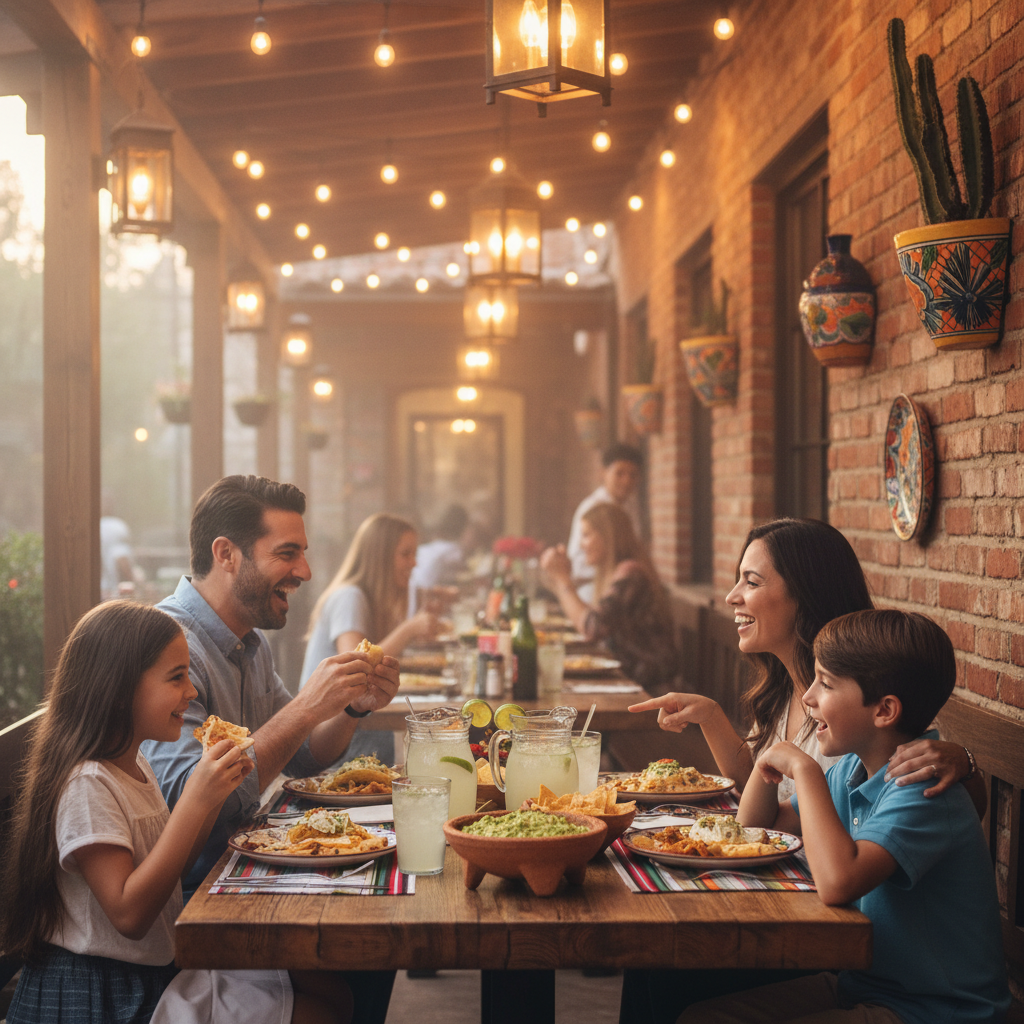 photorealistic side-angle shot of a family enjoying a meal at a Mexican grill restaurant, warm evening lighting, cozy and welcoming environment