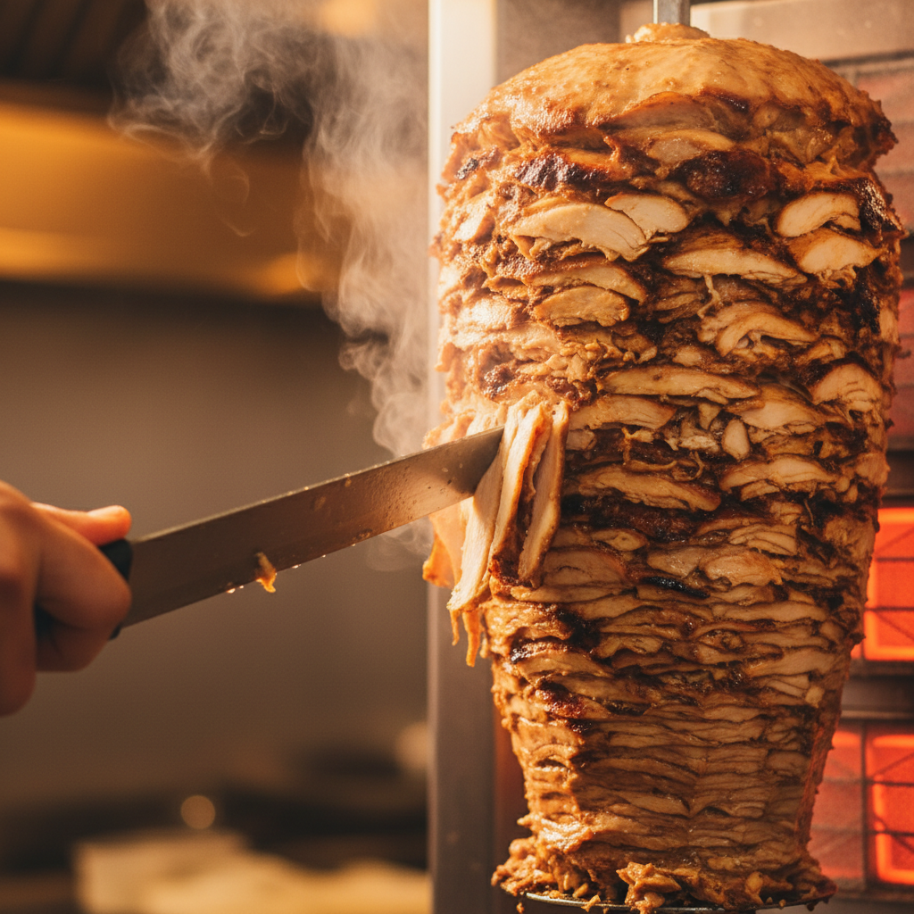 Close-up of chicken shawarma shaved from a rotisserie, glistening edges and steam, best shawarma Toronto detail shot