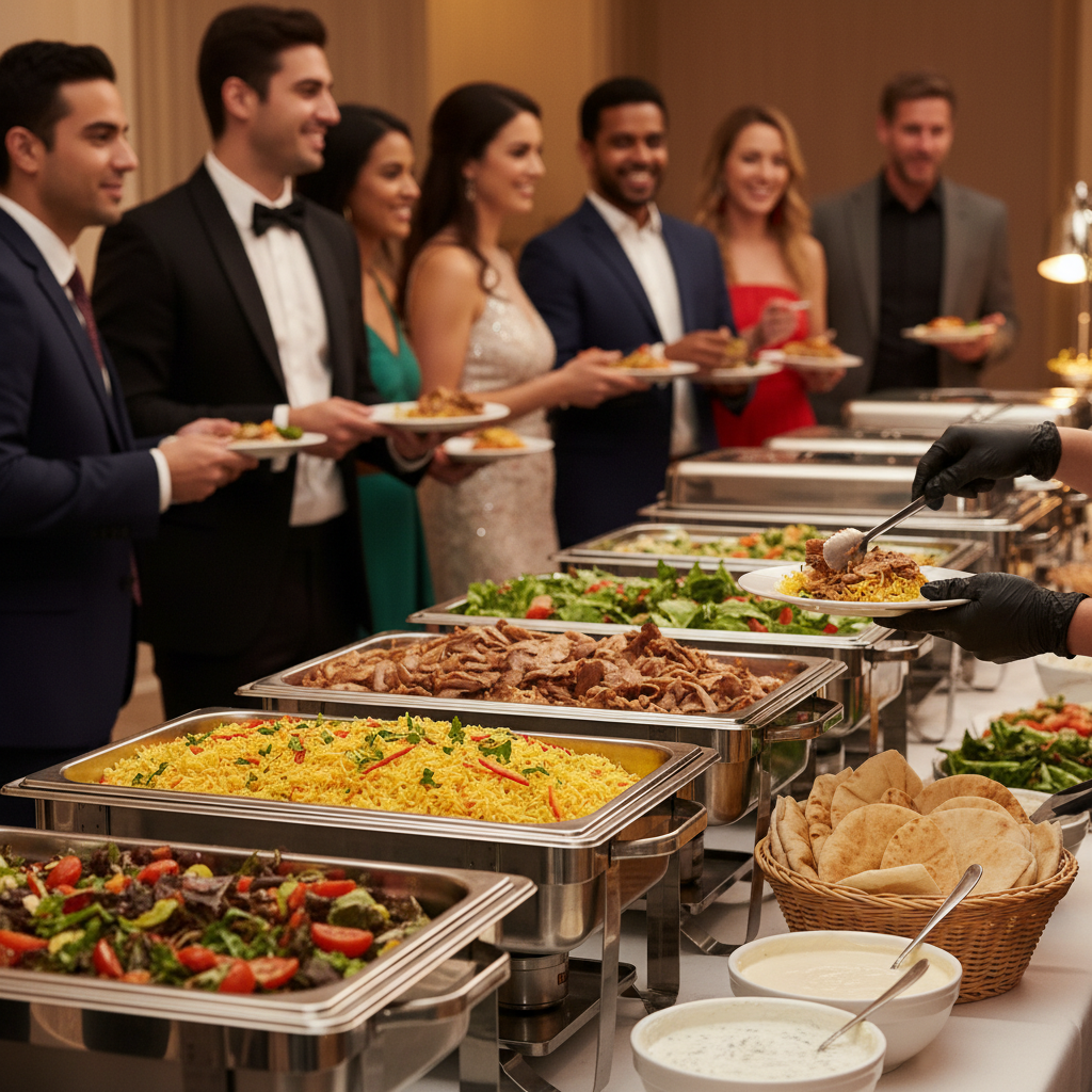 Catered shawarma buffet with sliced meats, saffron rice, salads, warm pitas, and sauces, ideal for Toronto office catering