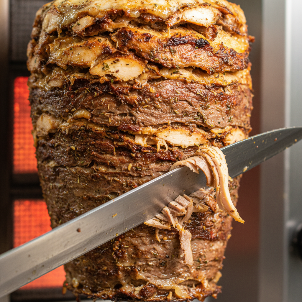 close-up of authentic shawarma döner being carved, Turkish cuisine Toronto guide detail
