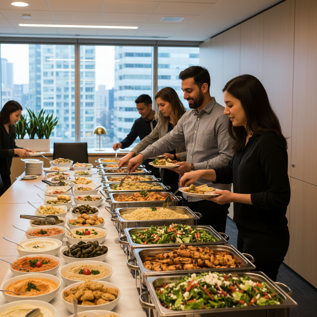 corporate catering buffet with Turkish meze and kebabs in a Toronto office