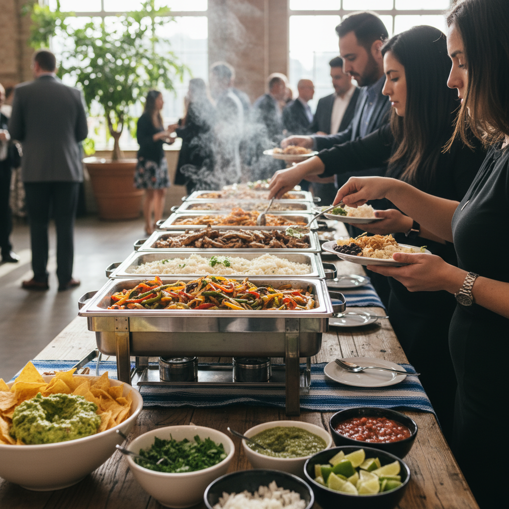 Catering buffet with grilled chicken, fajitas, rice, beans, and salsa bar from a Mexican restaurant