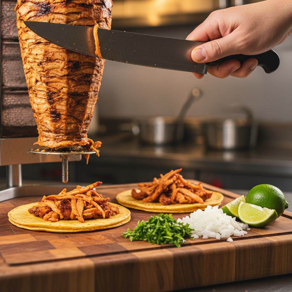 Close-up tacos al pastor with fresh cilantro and lime from a Mexican grill restaurant
