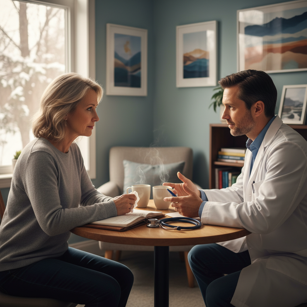 Compassionate physician-patient consultation in an Ontario addiction clinic discussing methadone treatment plan