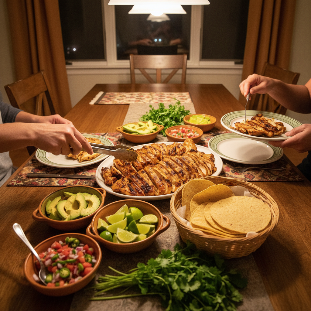 Family-style table with sliced pollo asado, warm tortillas, pico de gallo, avocado, limes, and cilantro for tacos and bowls