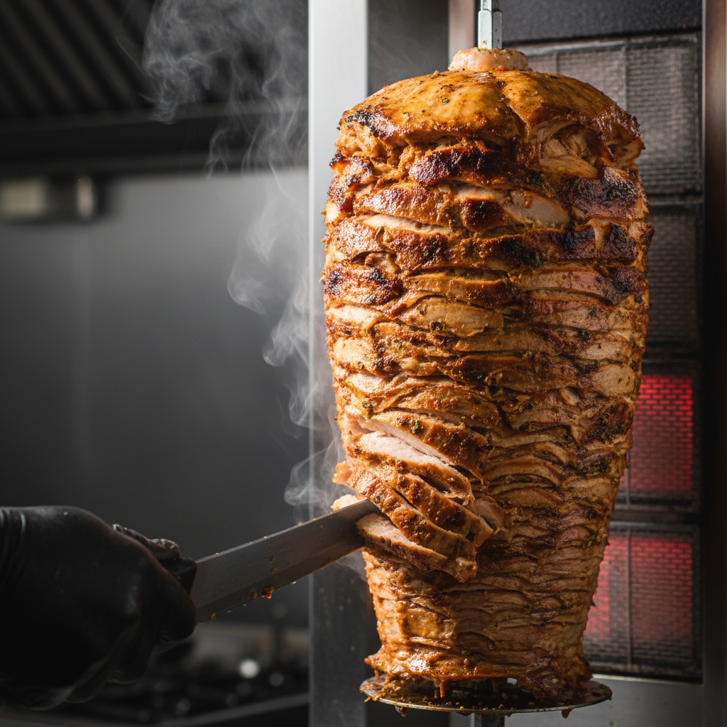 Close-up of authentic chicken shawarma sliced from rotisserie for Toronto delivery and pickup