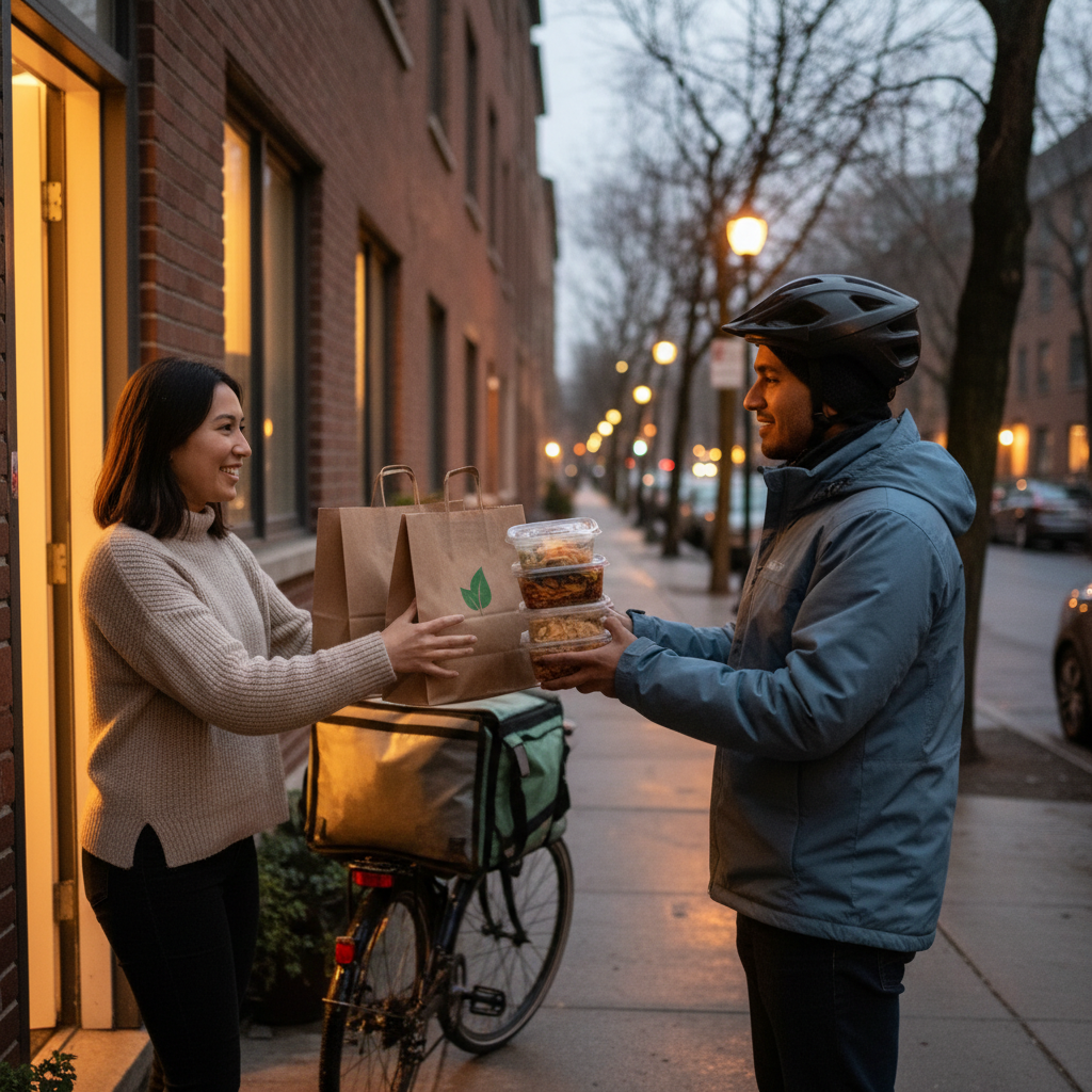 Shawarma delivery handoff at Toronto apartment doorway, eco-friendly takeout bags