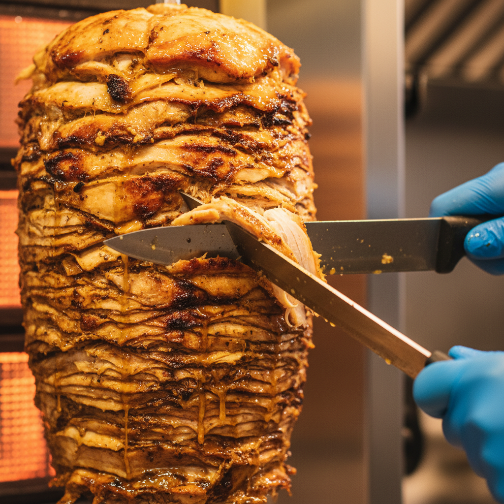 close-up of chicken shawarma carved from a vertical rotisserie for shawarma delivery Toronto, showing caramelized edges and authentic Turkish flavor