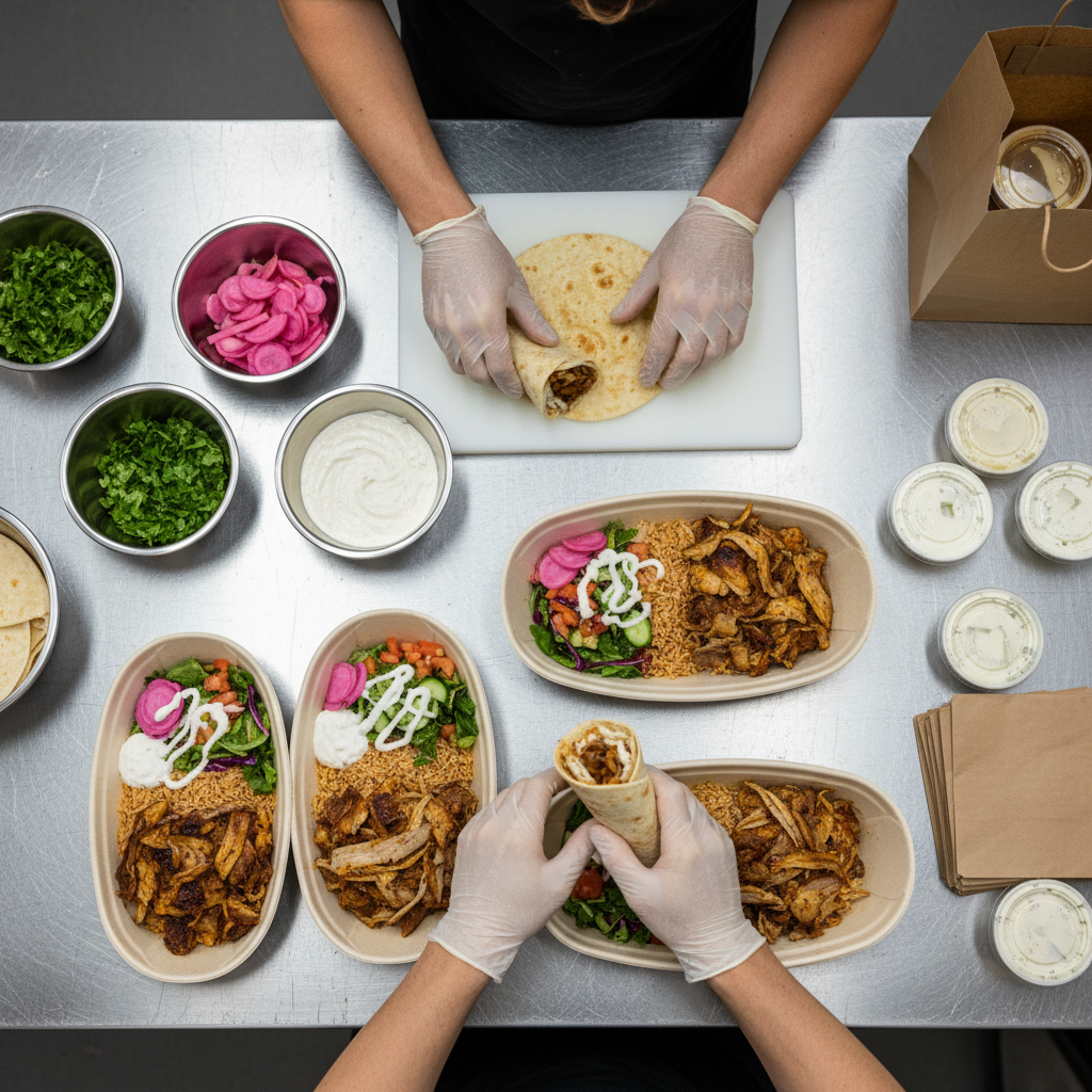 top-down view of shawarma wraps and bowls packed for Toronto delivery in eco-friendly containers with sides like pickled turnips and garlic sauce