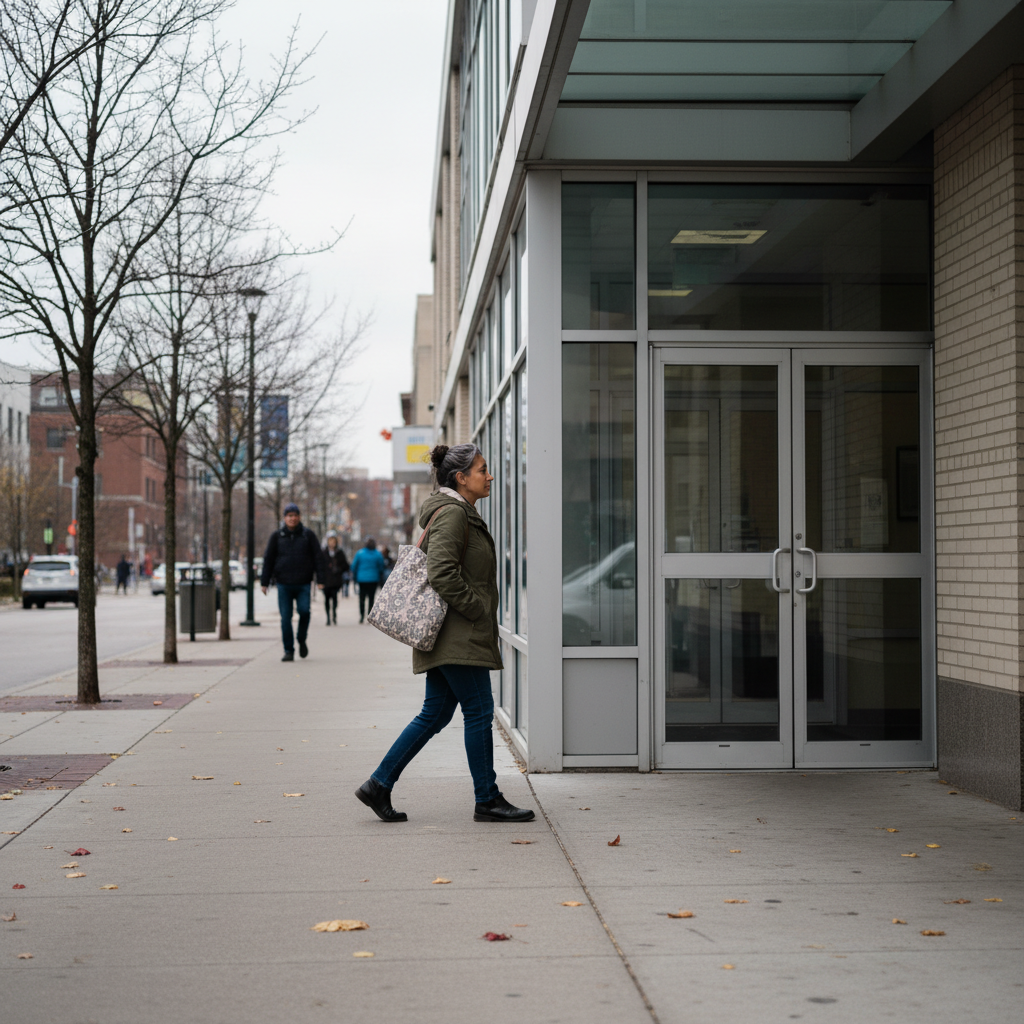 Patient approaching community clinic entrance for opioid addiction treatment in Ontario