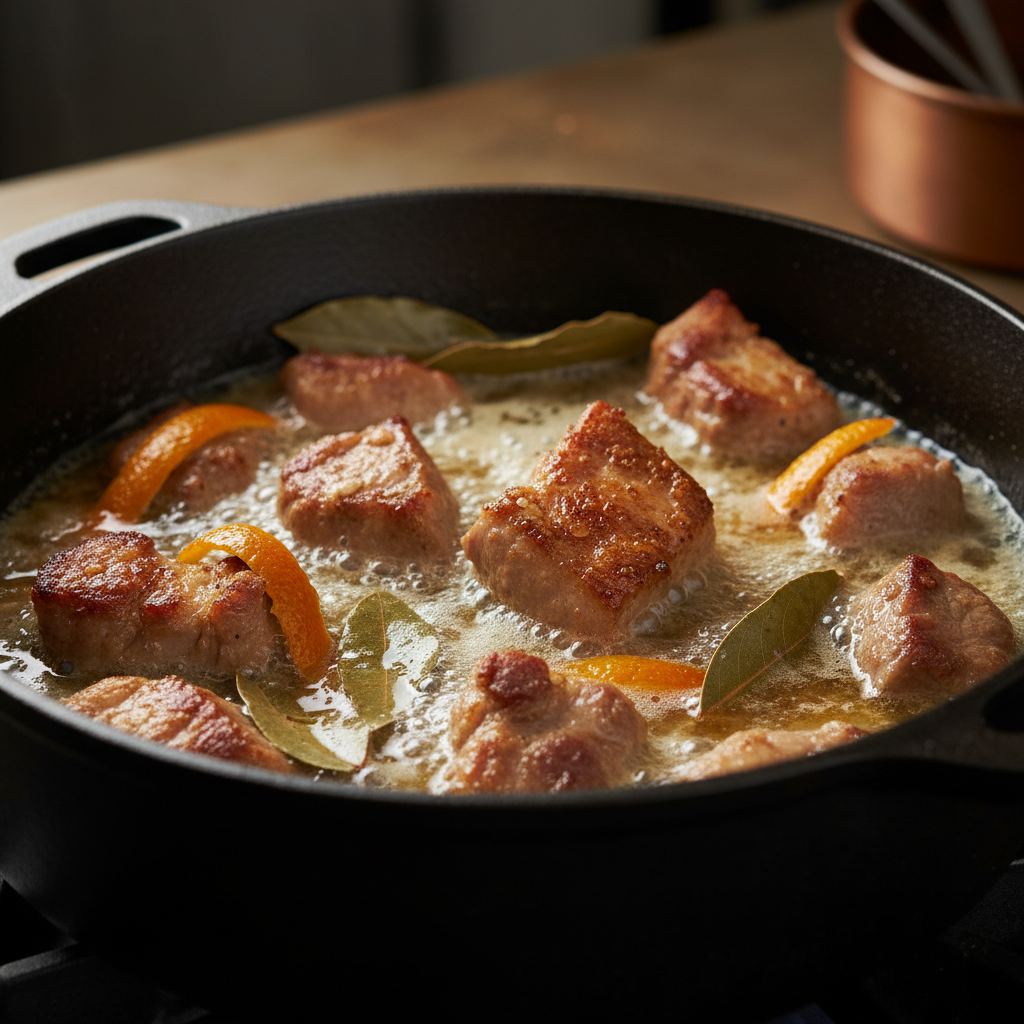 Close-up of pork shoulder simmering in fat with orange peel and bay leaf for authentic crispy carnitas