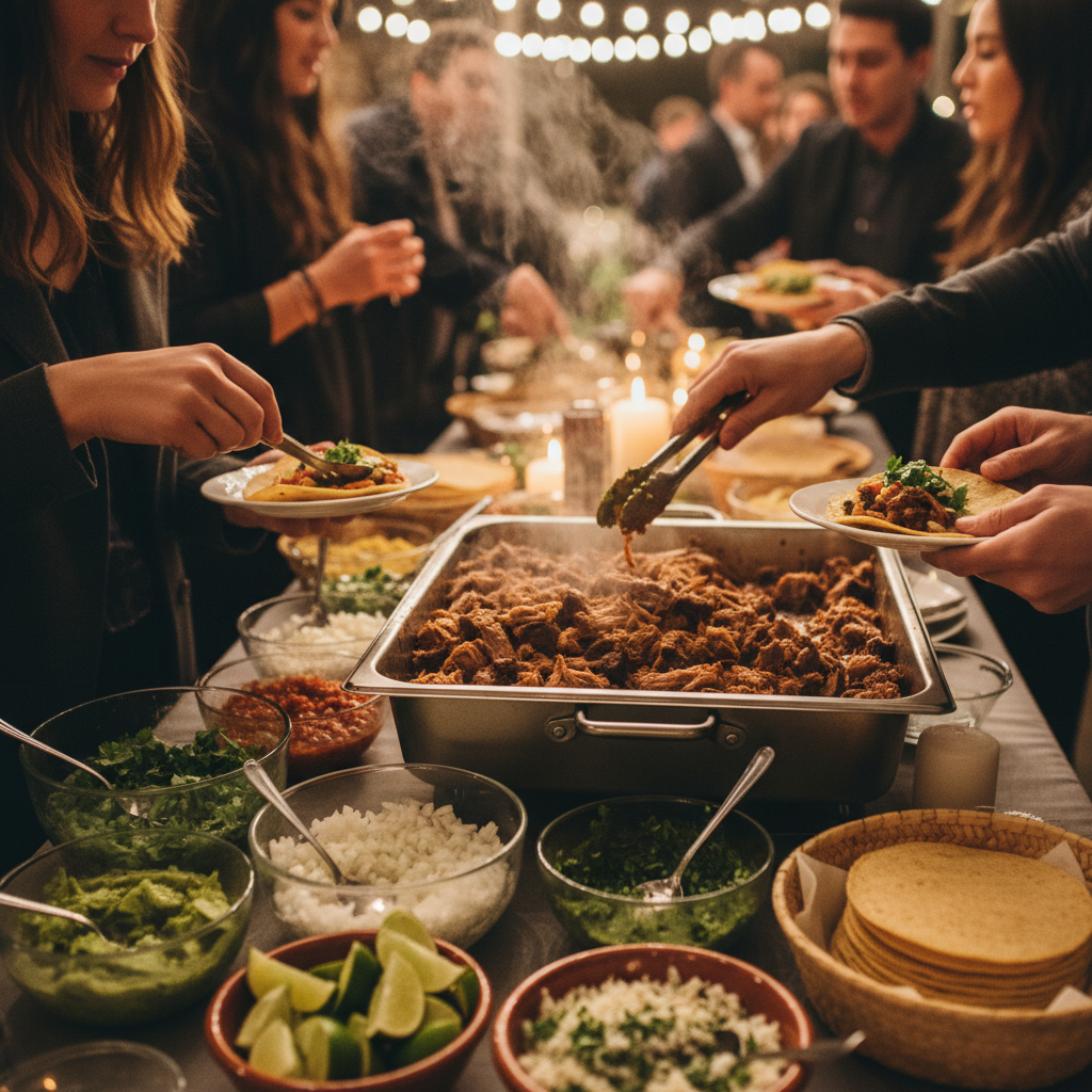 Self-serve taco bar with steamy carnitas, toppings, and warm tortillas for a casual gathering