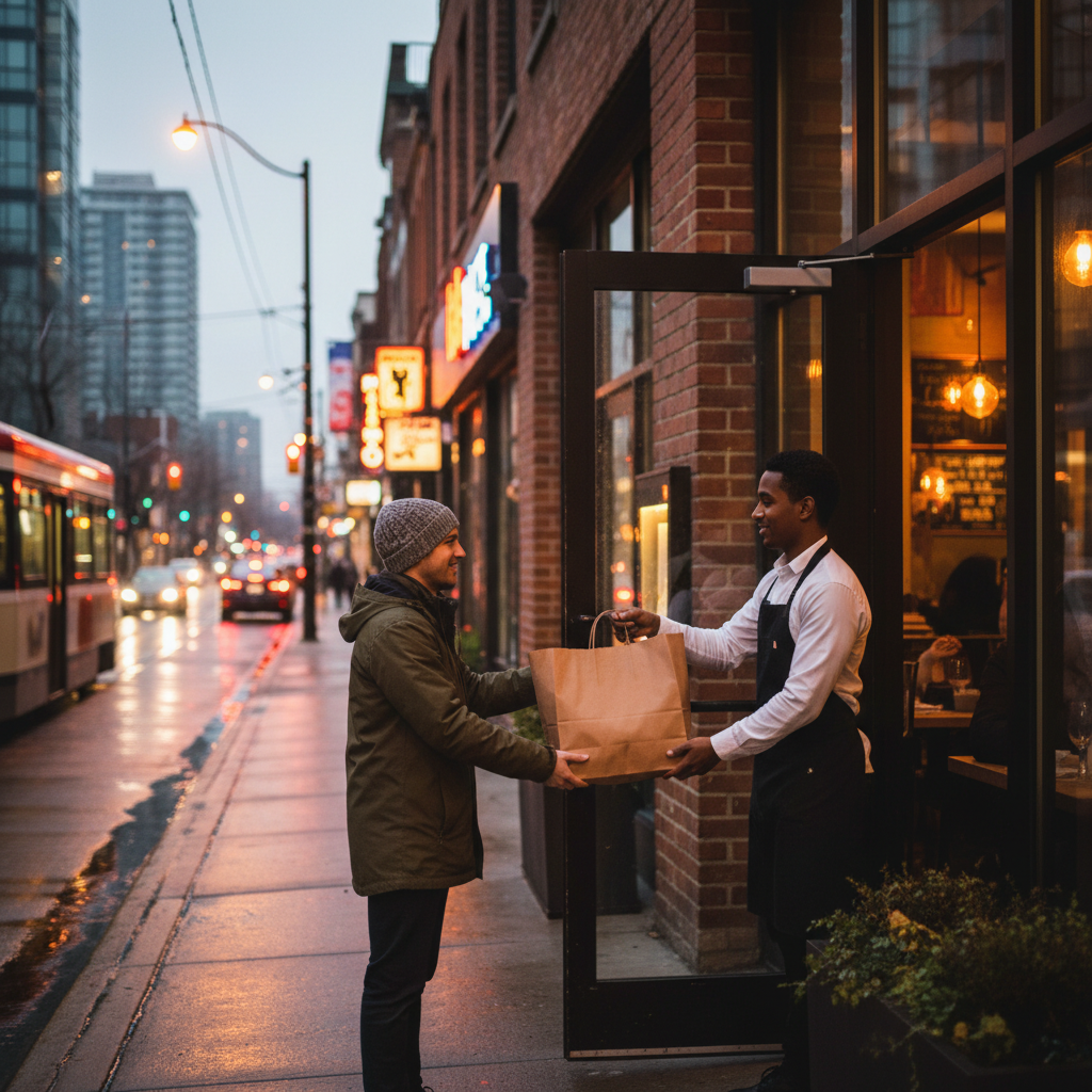 Curbside shawarma pickup in Toronto with staff handing a takeout bag to a customer