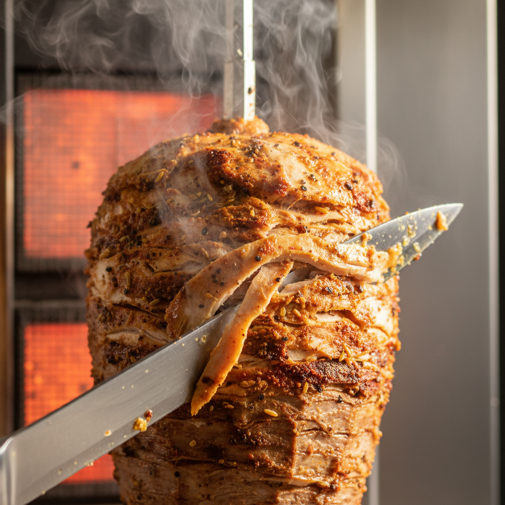 Close-up of juicy chicken shawarma sliced from a vertical rotisserie for Toronto pickup