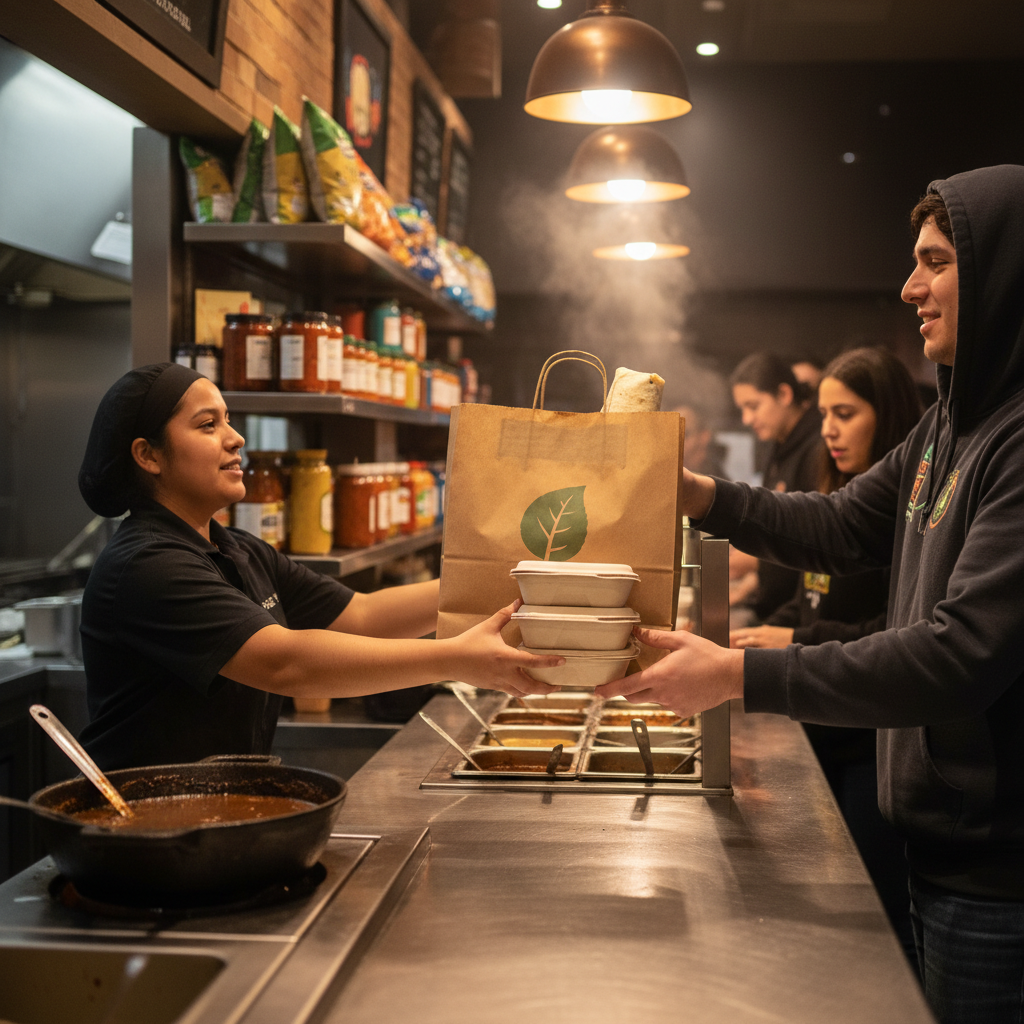 Takeout handoff at a Mexican grill counter showing a warm, ready-to-go order—perfect for a quick Mexican grill restaurant experience on busy days