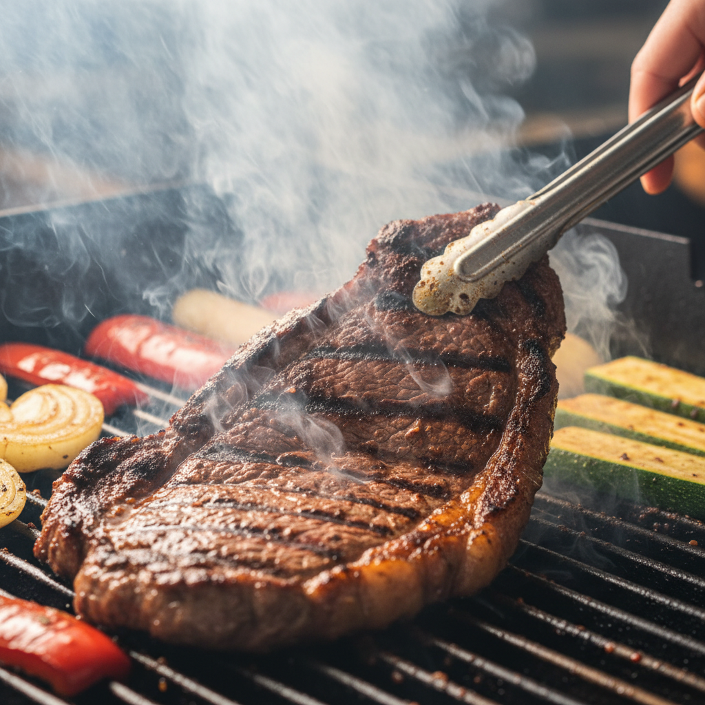 Close-up of carne asada and vegetables searing on a hot grill, illustrating the Mexican grill restaurant experience with flame-kissed, smoky flavors