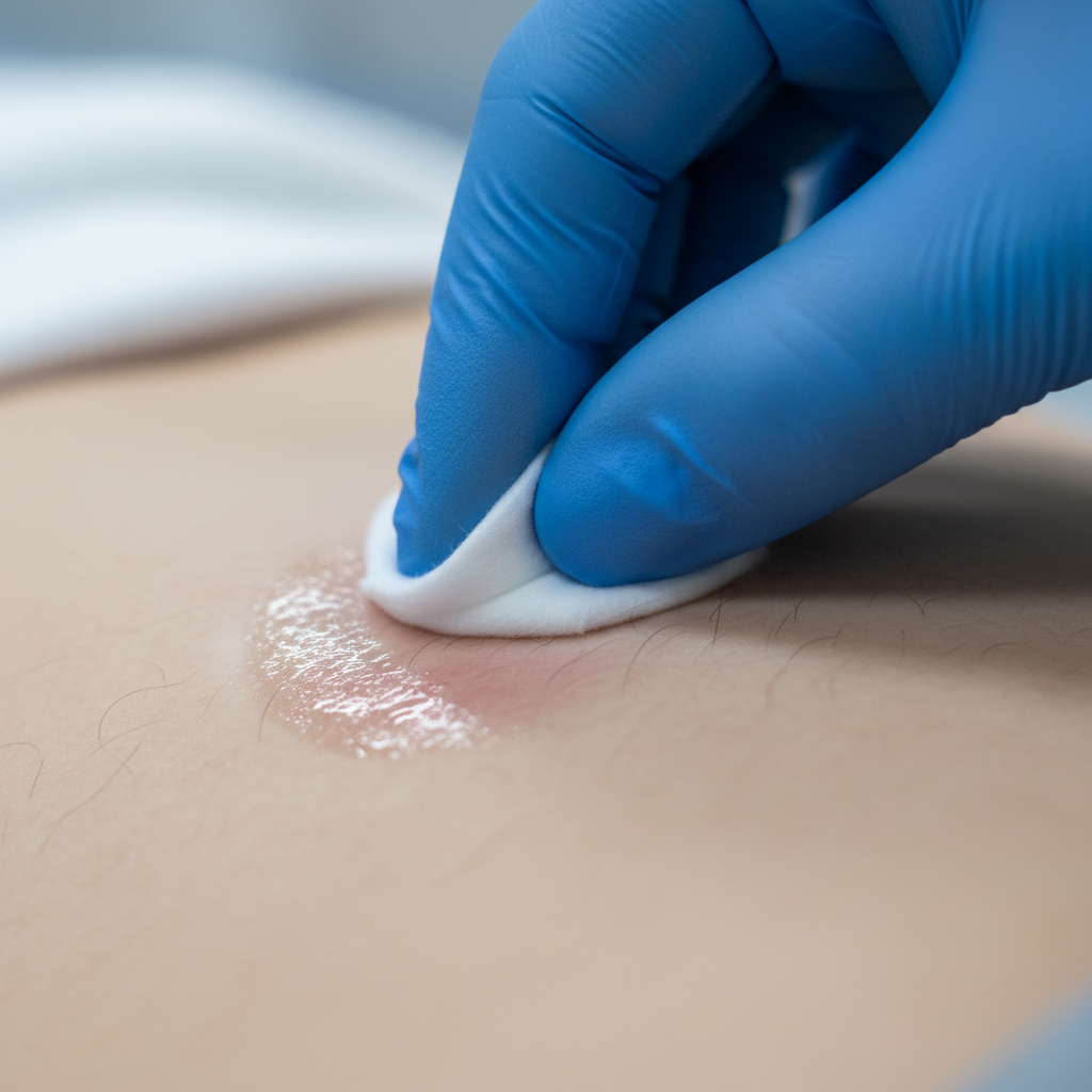 Close-up of abdomen site being cleansed before Sublocade buprenorphine injection; monthly opioid agonist therapy preparation
