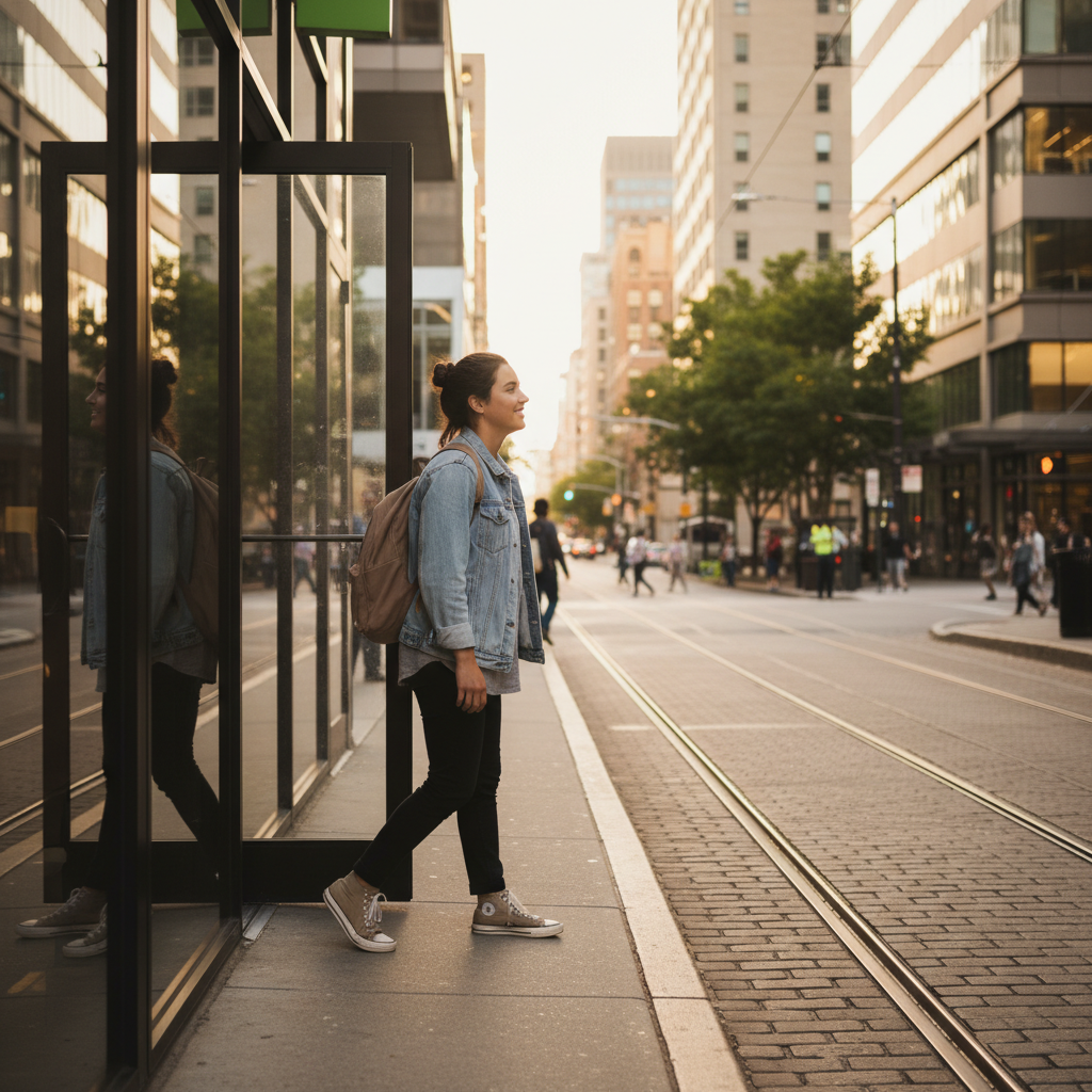 Person leaving clinic after monthly Sublocade appointment; hopeful recovery routine in Ontario city setting