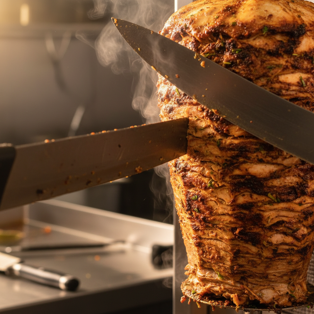 Close-up of chicken shawarma carving on vertical rotisserie for Toronto corporate catering