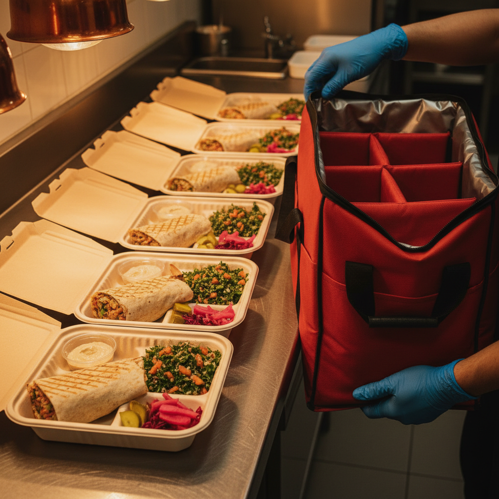 Neatly packed catered shawarma lunch boxes being prepared for Toronto office delivery