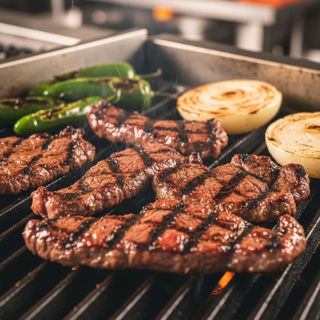 close-up of grilled carne asada with blistered jalapeños illustrating best casual Mexican dining tips for smoky, juicy results