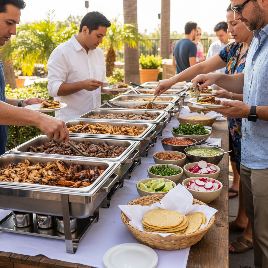 outdoor taco bar catering setup with toppings and tortillas for casual Mexican dining tips at events