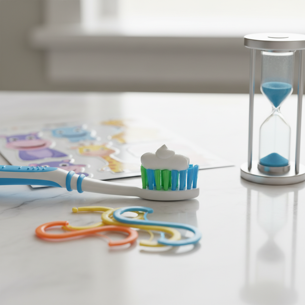 Kid-friendly dental care kit with toothbrush, fluoride toothpaste, floss picks, and sand timer for preparing child's first dental visit