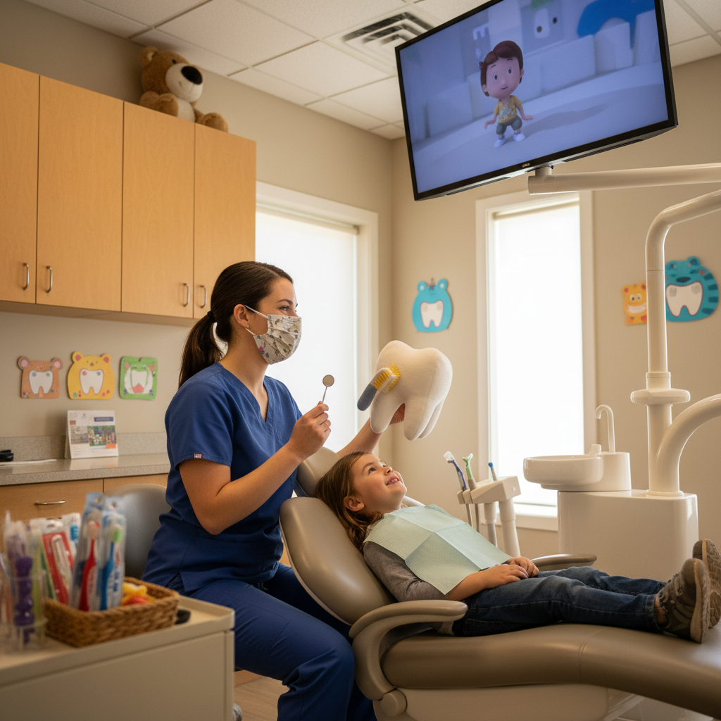 Child watching ceiling-mounted TV during a gentle first dental exam at a North York family dentist
