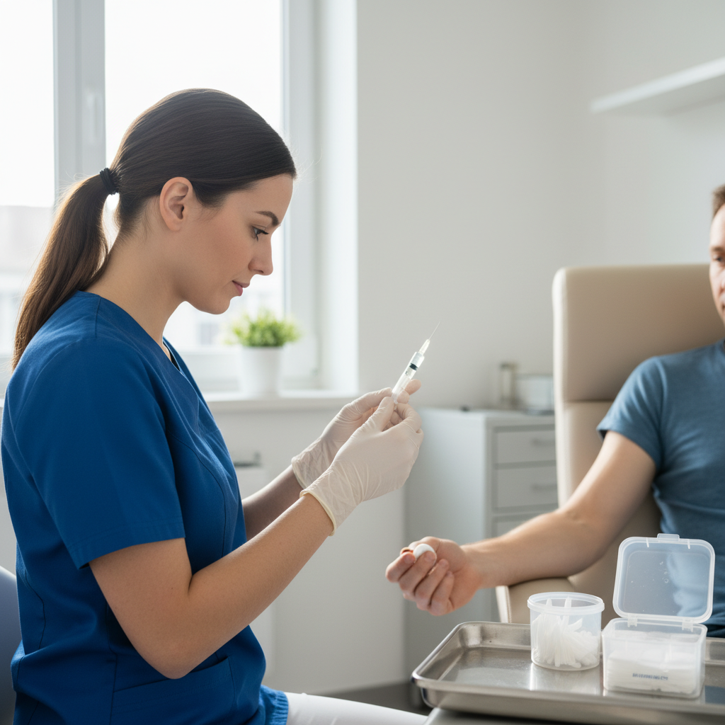 Nurse preparing monthly Sublocade injection for medication-assisted treatment