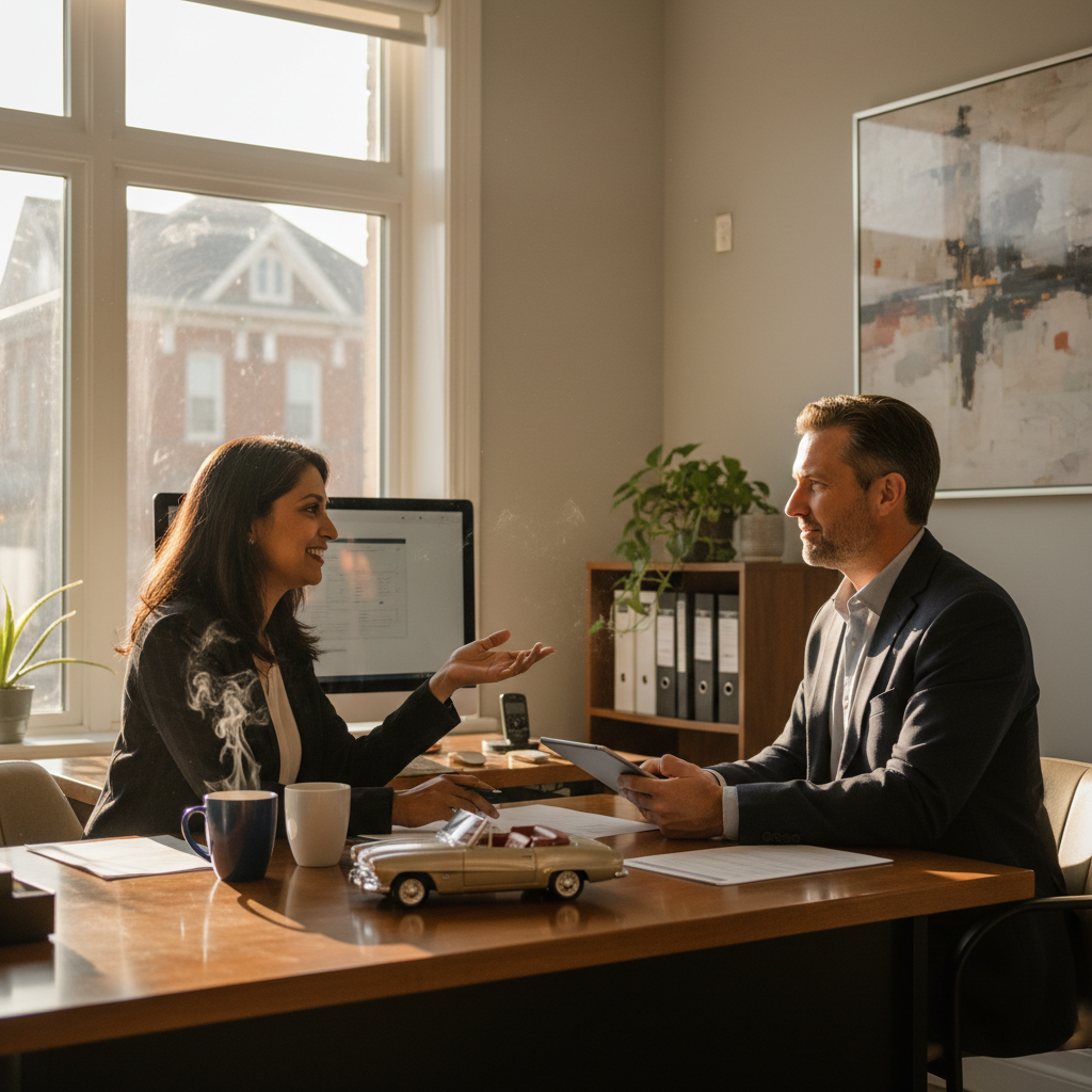 Broker consulting a client in Whitby office about Ontario auto insurance; practical steps for how to choose auto insurance Ontario