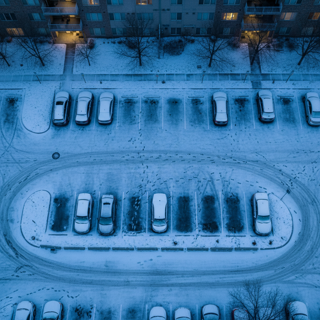 Top-down view of snow-covered cars in a Whitby condo lot, reinforcing coverage needs like comprehensive and collision