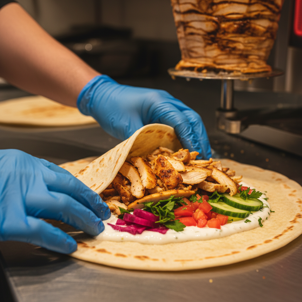 Close-up shawarma wrap assembly with garlic sauce, pickled turnips, tomatoes, cucumbers, and parsley in a Toronto kitchen