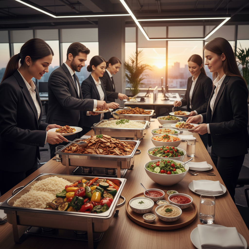 Corporate catering spread with trays of shawarma meat, rice, grilled vegetables, salads, and sauces in a modern Toronto office