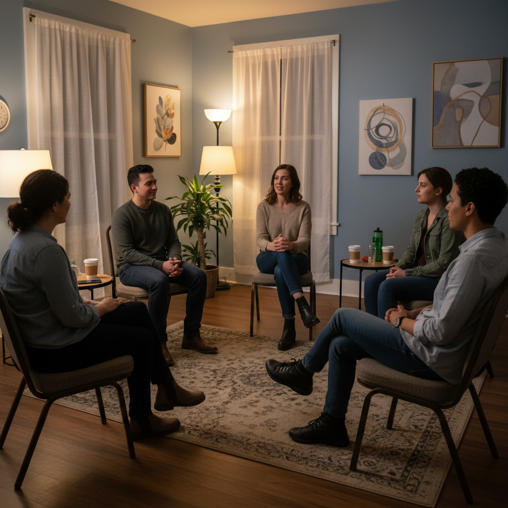 Ontario recovery support group in a circle discussing relapse prevention and alcohol treatment planning