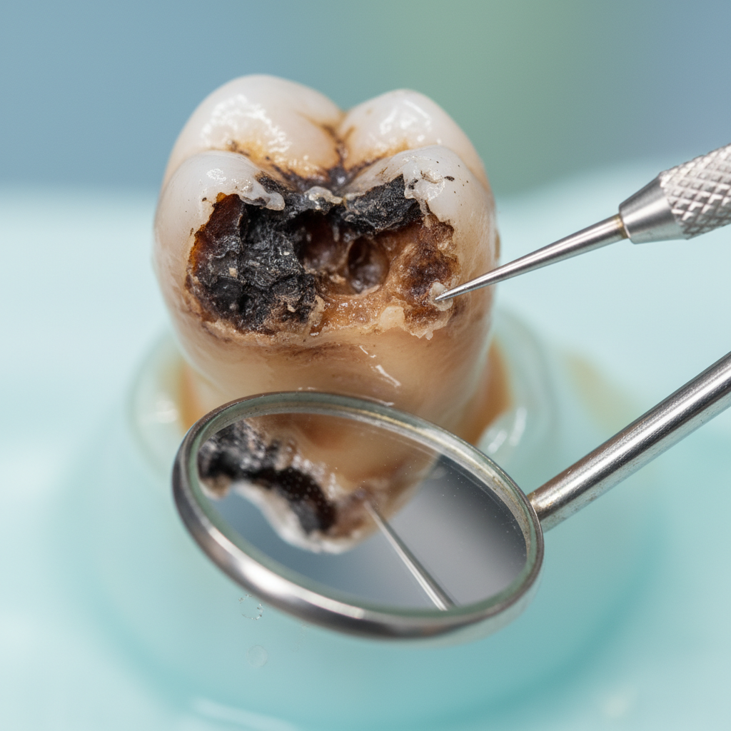 Close-up of decayed molar being examined with dental mirror, showing signs you need a root canal treatment