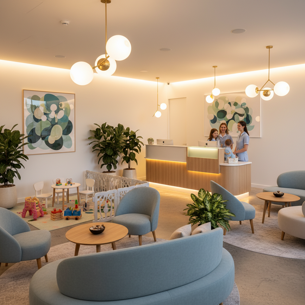 Family-friendly dental reception in North York with warm lighting and children’s corner