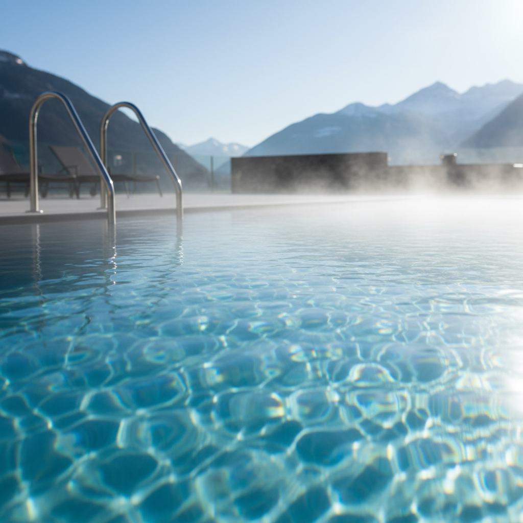 close-up of heated outdoor pool water at Briarcliff Motel in North Conway with stainless ladder and light steam, family friendly amenity