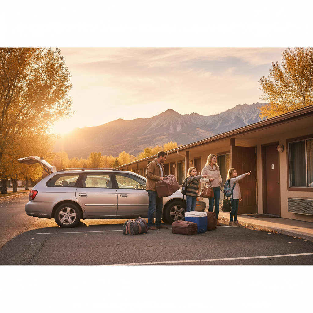 family unloading luggage next to a North Conway motel room with adjacent parking and mountain backdrop, kid-friendly arrival scene